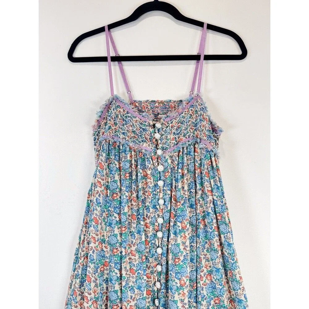 Free People Maxi Dress Blue Molly Jo Floral Button Down Cutout Back Smocked XS